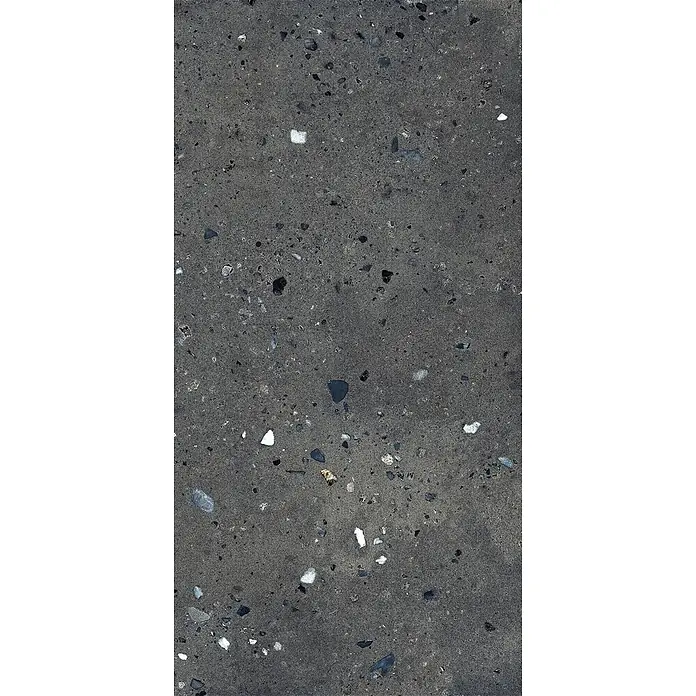 Feinsteinzeug in Terrazzo schwarzer Steinoptik 60x120 - Ital. Fliesen -  - Dunkelgraue Beton- oder Terrazzo-Textur mit verstreuten, mehrfarbigen Aggregaten.