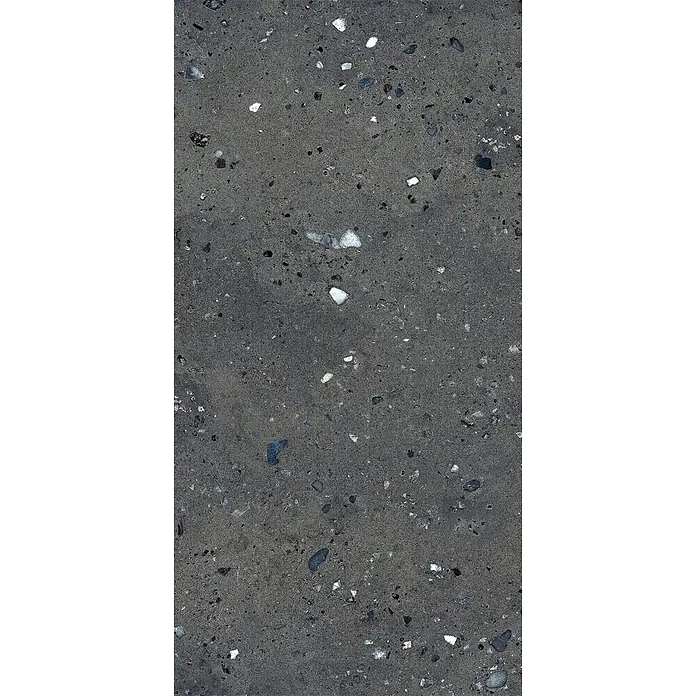 Feinsteinzeug in Terrazzo schwarzer Steinoptik 60x120 - Ital. Fliesen -  - Dunkelgraue, gesprenkelte Oberfläche mit verschiedenen weißen, schwarzen und blauen Aggregaten, ähnlich Terrazzo oder Beton.