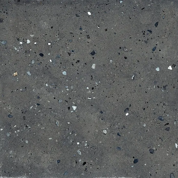 Feinsteinzeug in schwarzer Steinoptik 120x120 - Italienische Fliesen -  - Dunkelgraue, gesprenkelte Oberfläche, ähnlich Beton oder Terrazzo, mit hellen und dunklen Zuschlägen.