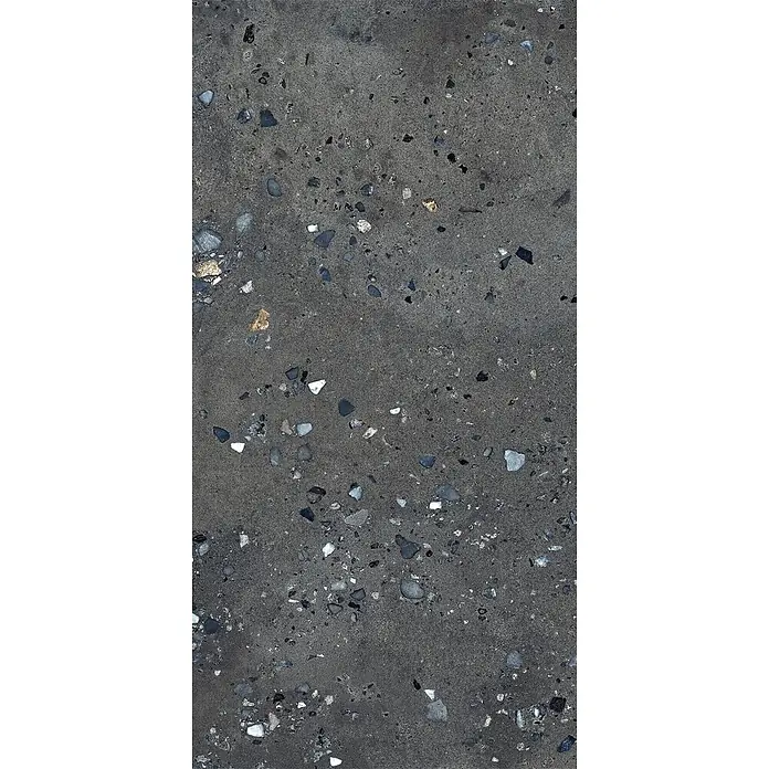 Feinsteinzeug in Terrazzo schwarzer Steinoptik 60x120 - Ital. Fliesen -  - Dunkelgraue Terrazzo-Oberfläche mit vielfältigen, eingebetteten Steinsplittern.