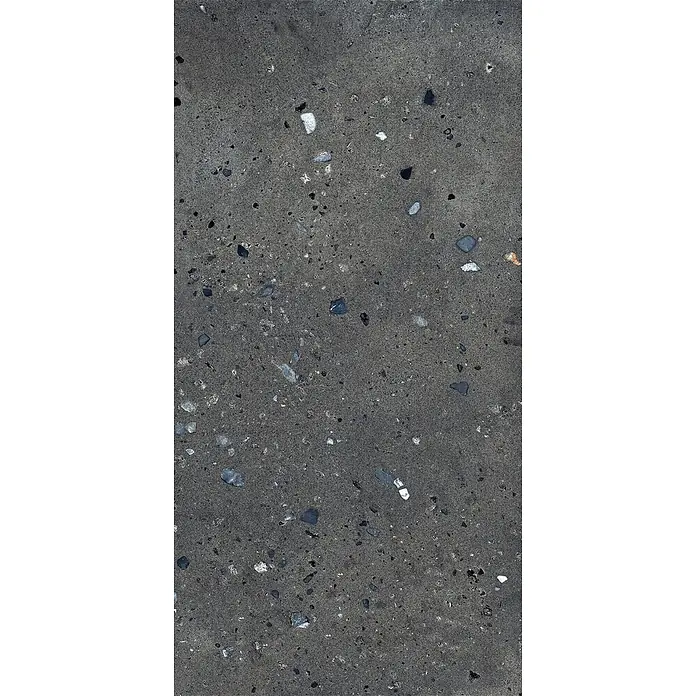 Feinsteinzeug in Terrazzo schwarzer Steinoptik 60x120 - Ital. Fliesen -  - Dunkelgraue gesprenkelte Terrazzo- oder Betonoberfläche mit mehrfarbigen Aggregaten.