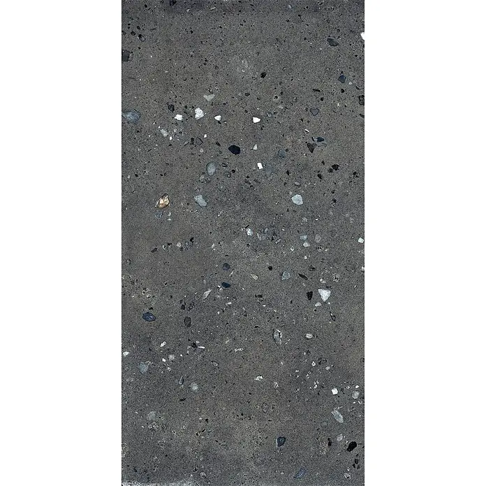 Feinsteinzeug in Terrazzo schwarzer Steinoptik 60x120 - Ital. Fliesen -  - Dunkelgraue Terrazzo-Materialtextur mit verstreuten hellen und dunklen Naturstein-Aggregaten.