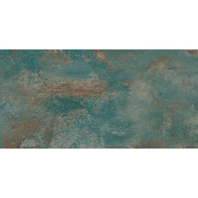 Feinsteinzeug in oxidierter grüner Metalloptik 60x120 - Ital. Fliesen -  - Verwitterte türkisblaue und rostbraune Textur, die oxidiertem Metall ähnelt.