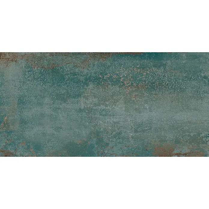 Feinsteinzeug in oxidierter grüner Metalloptik 60x120 - Ital. Fliesen -  - Verwitterte blau-grüne Metalltextur mit Rost und Used-Details, ideal für industrielle Boden- oder Wandfliesen.