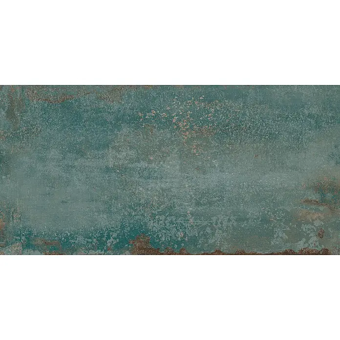 Feinsteinzeug in oxidierter grüner Metalloptik 60x120 - Ital. Fliesen -  - Alte türkisfarbene Metalltextur mit Rostflecken.