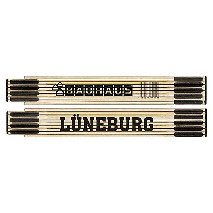 BAUHAUS Zollstock - Lüneburg, 2 m - Zollstock mit den Aufdrucken "BAUHAUS" und "LÜNEBURG", ideal zum Messen und Markieren bei Bauprojekten.