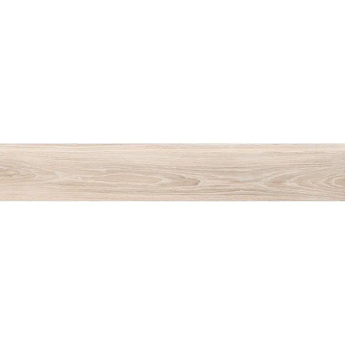 Feinsteinzeug in beiger Holzoptik 20x120, rutschhemmend - Ital. Fliesen -  - Helle, beige Holzplatte mit sichtbarer Maserung.