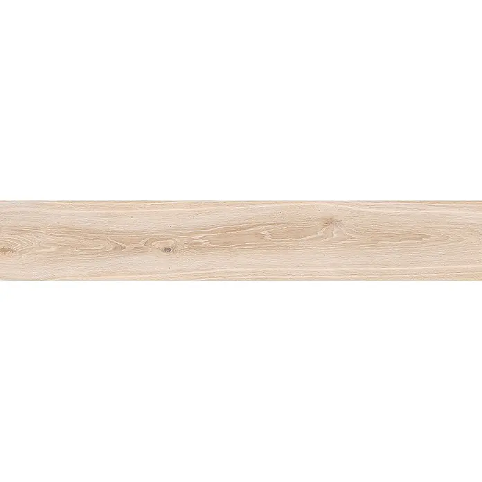 Feinsteinzeug in beiger Holzoptik 20x120, rutschhemmend - Ital. Fliesen -  - Hellbraune Holzplatte mit natürlicher Maserung und dezenten Ästen.