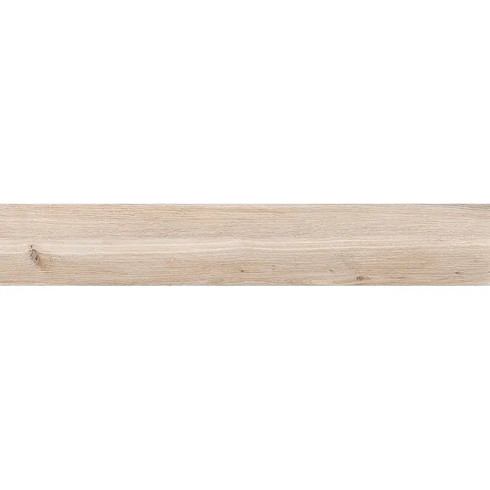 Feinsteinzeug in beiger Holzoptik 20x120, rutschhemmend - Ital. Fliesen -  - Helle beigefarbene Holzdiele mit natürlicher Maserung und dezenten Ästen, geeignet für Böden oder Oberflächen.