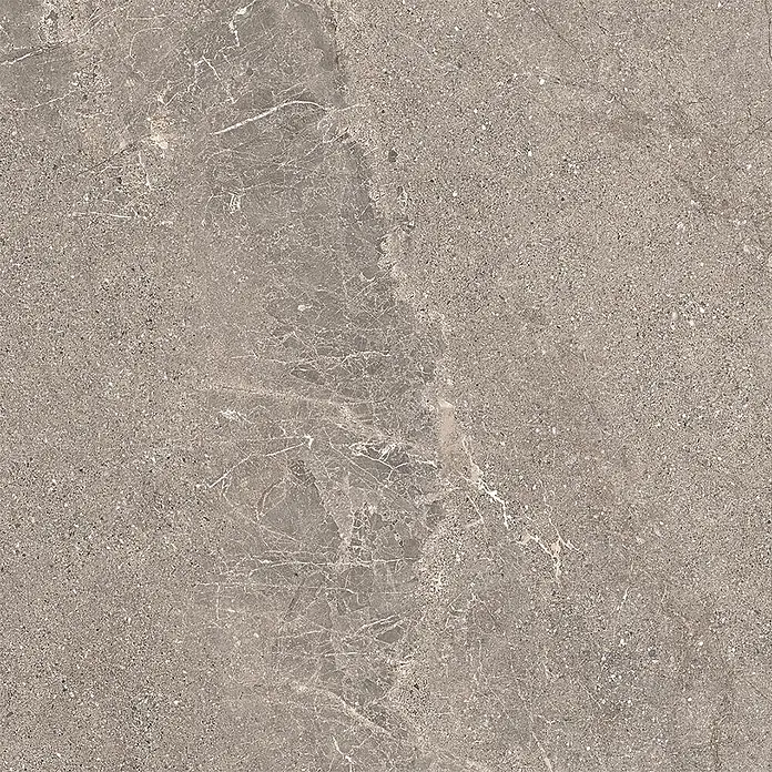 Feinsteinzeug in geäderter beiger Steinoptik 60x60 - Italienische Fliesen -  - Strukturierte graue Fliese mit feiner weißer Maserung und gesprenkelter Oberfläche, ähnlich Marmor oder Terrazzo.