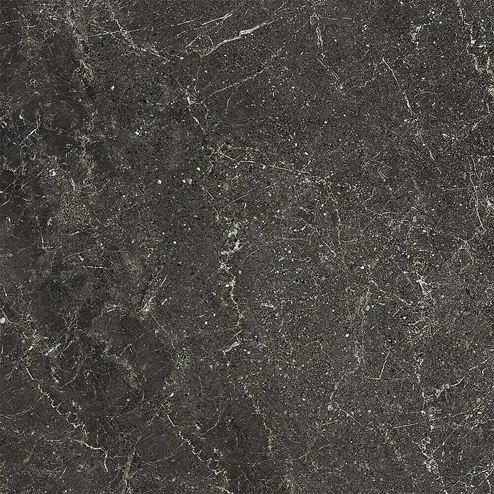 Feinsteinzeug geäderter schwarzer Steinoptik 60x60 - Italienische Fliesen -  - Dunkelgraue/schwarze Fliese in Marmoroptik mit weißer Maserung und hellen Sprenkeln.