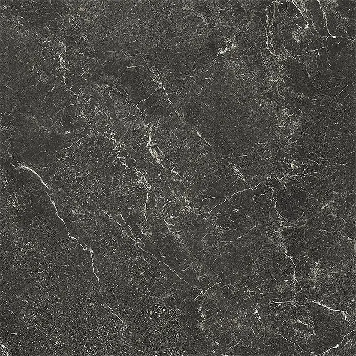 Feinsteinzeug geäderter schwarzer Steinoptik 60x60 - Italienische Fliesen -  - Dunkelgraue Marmorfliese mit feinen weißen Adern und einer gesprenkelten Textur.