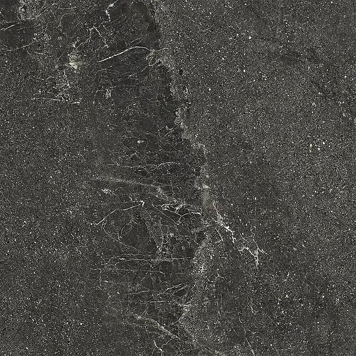 Feinsteinzeug geäderter schwarzer Steinoptik 60x60 - Italienische Fliesen -  - Dunkelgraue Marmor- oder Granittextur mit weißen Äderungen und hellen Sprenkeln.