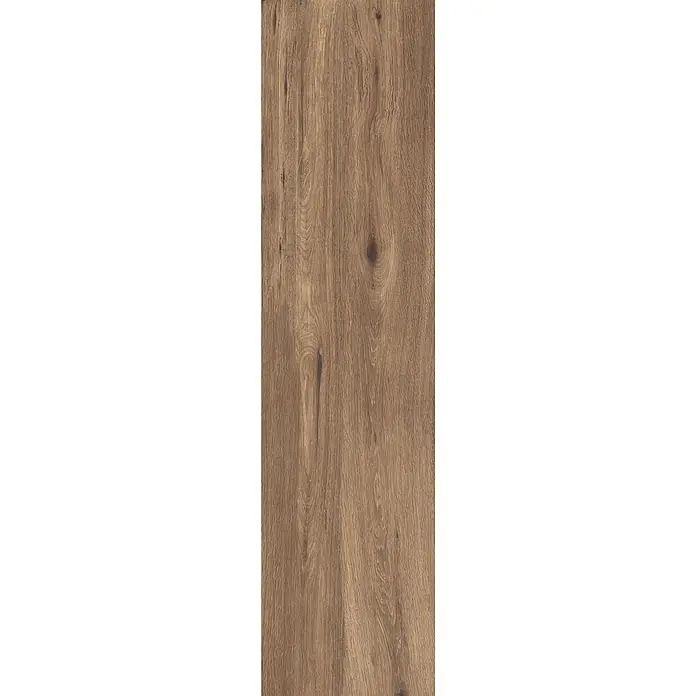 Feinsteinzeug in matter roher Nussbaumholzoptik 30x120 - Ital. Fliesen -  - Hellbraune Holzstruktur mit ausgeprägter Maserung und Ästen, ideal für Bodenbeläge oder Möbel.