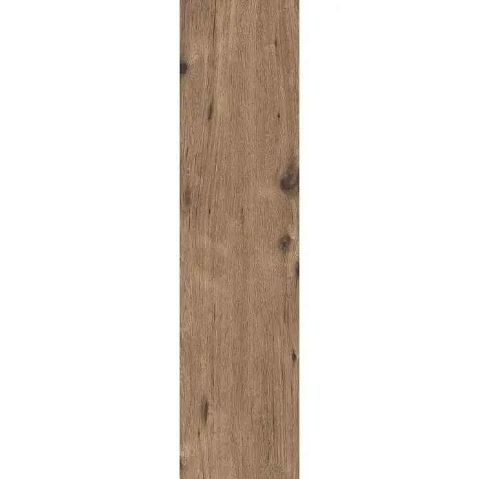 Feinsteinzeug in matter roher Nussbaumholzoptik 30x120 - Ital. Fliesen -  - Naturbraunes Holzpaneel mit ausgeprägter Maserung und dunklen Ästen.