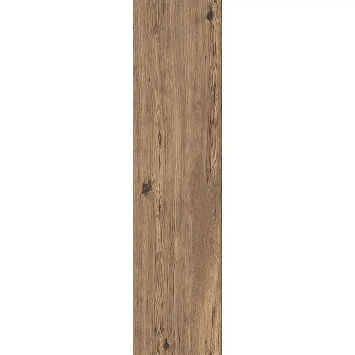 Feinsteinzeug in matter roher Nussbaumholzoptik 30x120 - Ital. Fliesen -  - Mittelbraune Holzmaserungsplatte mit natürlicher Textur und dunklen Ästen, ideal für Möbel oder Böden.