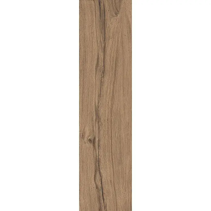 Feinsteinzeug in matter roher Nussbaumholzoptik 30x120 - Ital. Fliesen -  - Naturbraune Holztextur mit ausgeprägter vertikaler Maserung und dunklen Ästen/Rissen.