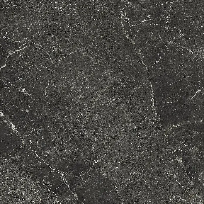 Feinsteinzeug geäderter schwarzer Steinoptik 60x60 - Italienische Fliesen -  - Dunkelgraue Steinfliese mit weißer Maserung und gesprenkelter Oberfläche.