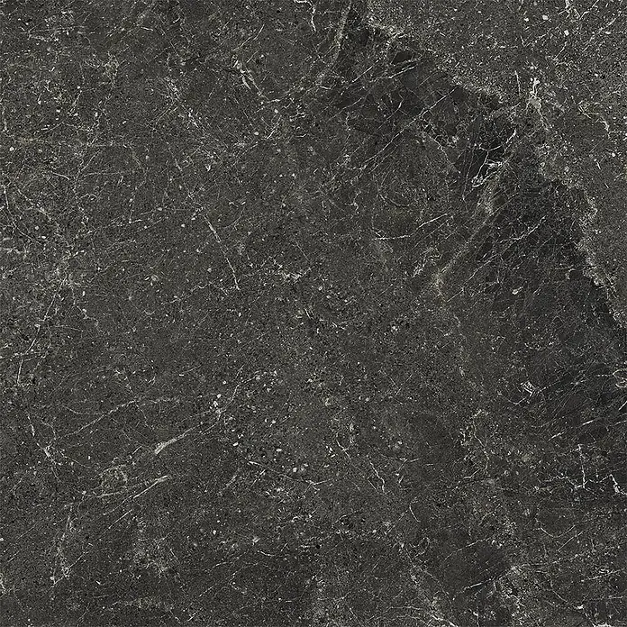 Feinsteinzeug geäderter schwarzer Steinoptik 60x60 - Italienische Fliesen -  - Dunkelgraue Marmoroptik-Oberfläche mit markanter weißer Maserung und feinen Sprenkeln.