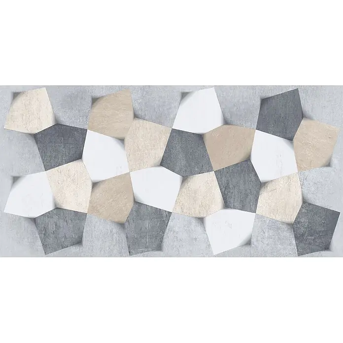 Dekorierte Feinsteinzeug Wandfliese in Mehrfarbigkeit 30x60, Ret -  - Texturierte geometrische Fliesen in Weiß, Beige und Grau, die ein 3D-Mosaikmuster bilden.