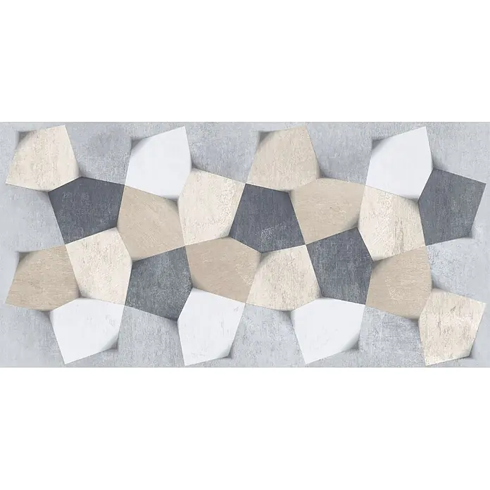 Dekorierte Feinsteinzeug Wandfliese in Mehrfarbigkeit 30x60, Ret -  - Geometrische 3D-Wandfliesen in verschiedenen Grau-, Beige- und Weißtönen mit strukturierter Oberfläche, die ein modernes Dekor bilden.