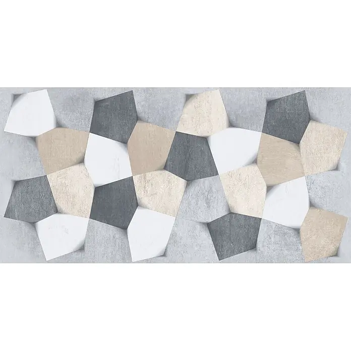 Dekorierte Feinsteinzeug Wandfliese in Mehrfarbigkeit 30x60, Ret -  - Dekorative Fliese mit geometrischem 3D-Muster in Grau, Weiß und Beige Betonoptik, für moderne Wand- oder Bodenverkleidung.