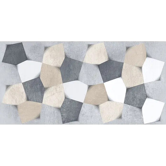 Dekorierte Feinsteinzeug Wandfliese in Mehrfarbigkeit 30x60, Ret -  - Texturierte 3D-Geometriefliese mit polygonalen Formen in Grau, Weiß und Beige.