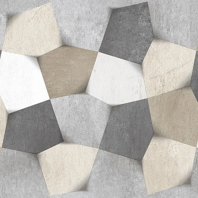 Dekorierte Feinsteinzeug Wandfliese in Mehrfarbigkeit 30x60, Ret -  - Strukturierte geometrische Wandfliese in Grau-, Beige- und Weißtönen, die einen modernen 3D-Effekt erzeugt.