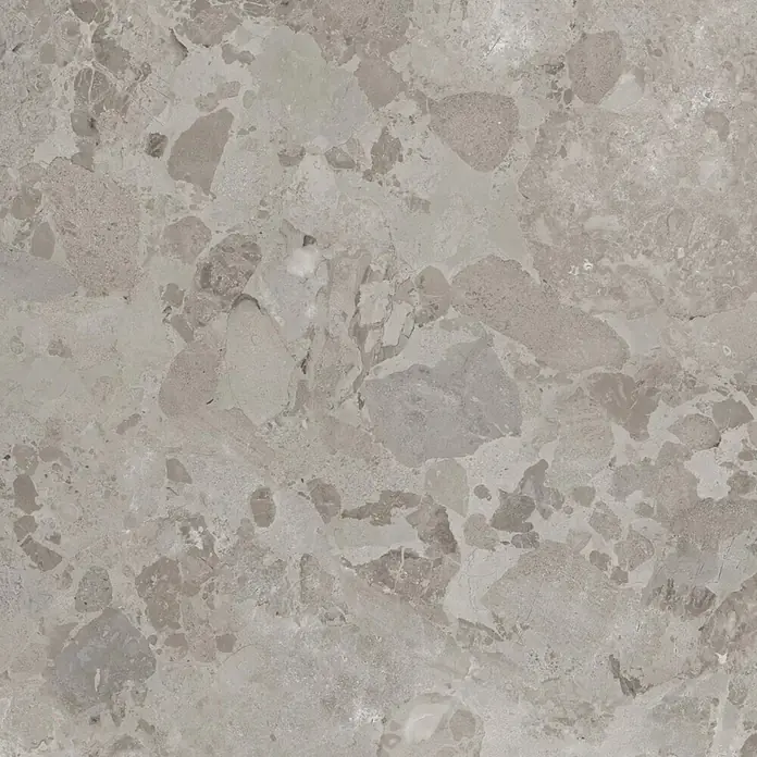 Feinsteinzeug in grauer Steinoptik 60x60, 20 mm, rutschhemmend -  - Hellgraue Fliese in Natursteinoptik mit gesprenkelten, unregelmäßigen Grau- und Beigemustern.