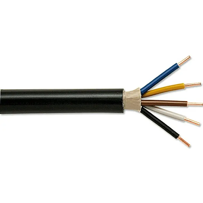 Erdkabel Meterware NYY-J 5x2,5 mm² - NYY-J, 5, 2,5 mm², Schwarz - Ein detailliertes Bild eines mehradrigen Kabels mit freiliegenden, farbcodierten Leitern.