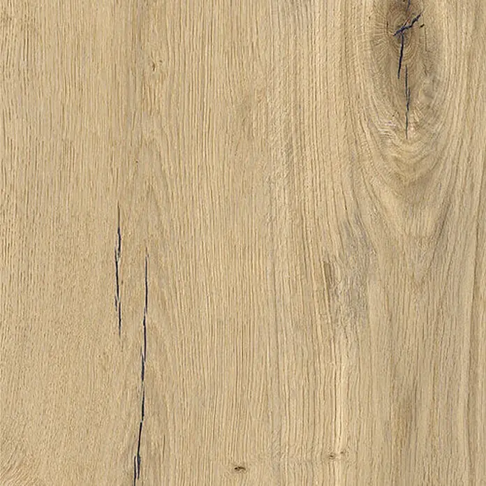 Feinsteinzeug in antiker honigfarbener matter Holzoptik 30x120 -  - Helle Naturholztextur mit sichtbarer Maserung, dunklen Rissen und einem Ast, geeignet für Böden oder Paneele.