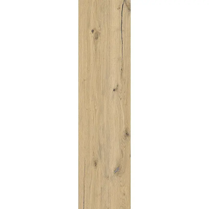 Feinsteinzeug in antiker honigfarbener matter Holzoptik 30x120 -  - Helle Holzmaserung mit deutlichen Ästen und dunklen Rissen.