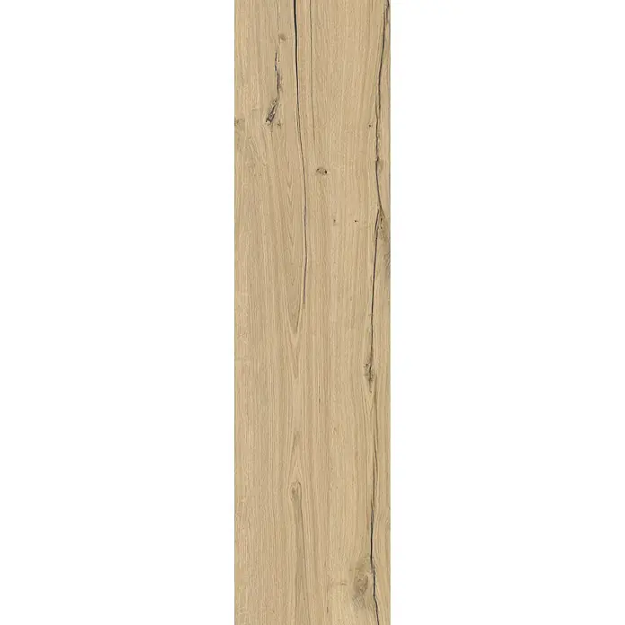 Feinsteinzeug in antiker honigfarbener matter Holzoptik 30x120 -  - Hellbraunes Holzpaneel mit natürlicher Maserung, dunklen Ästen und Rissen.