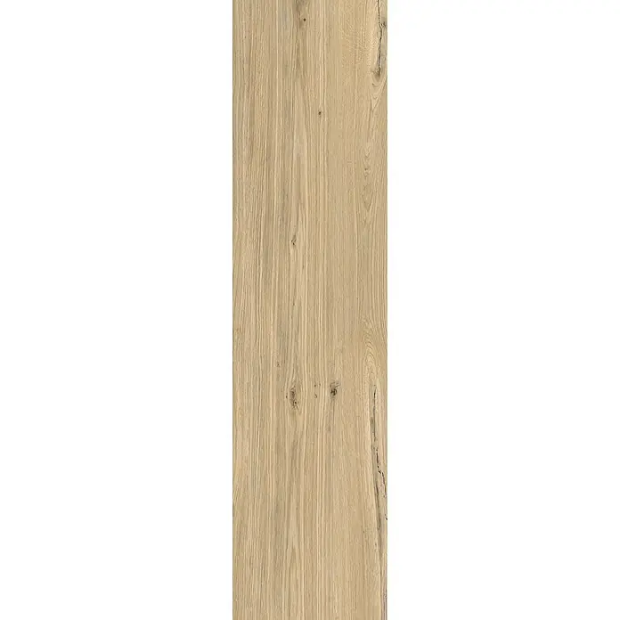 Feinsteinzeug in antiker honigfarbener matter Holzoptik 30x120 -  - Helle Holzmaserung in Braun mit vertikalen Linien, natürlichen Ästen und dunklen Rissen.