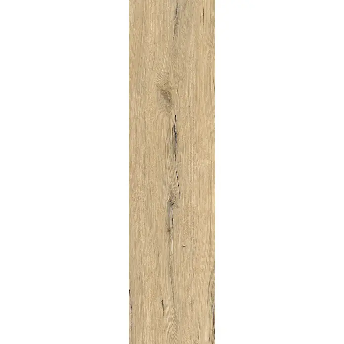 Feinsteinzeug in antiker honigfarbener matter Holzoptik 30x120 -  - Helle beige Holzmaserung mit vertikalen Linien, natürlichen Ästen und Rissen, ideal für Bodenbeläge oder Verkleidungen.