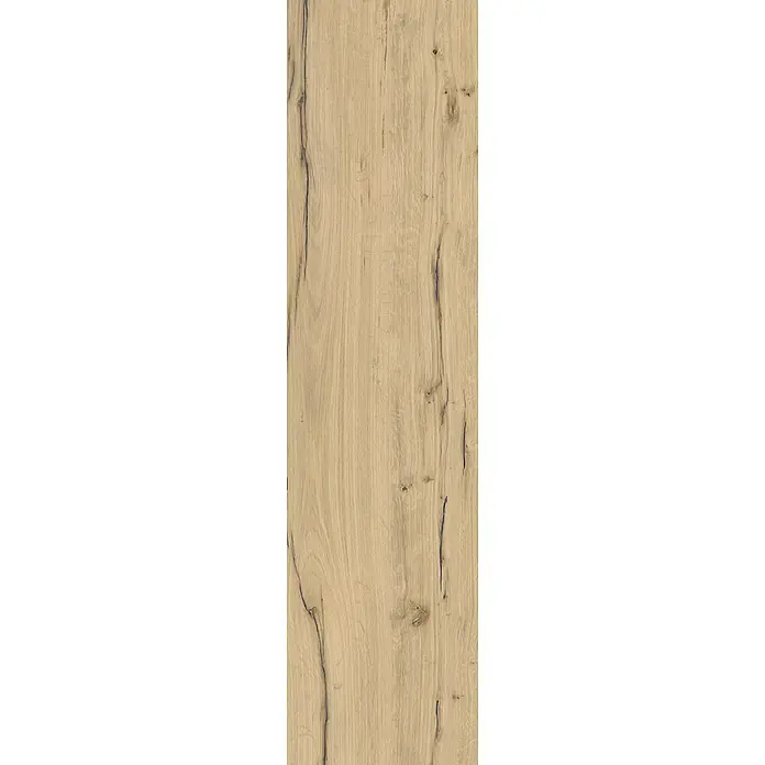 Feinsteinzeug in antiker honigfarbener matter Holzoptik 30x120 -  - Helle Holzplatte mit natürlicher Maserung, dunklen Ästen und Rissen.