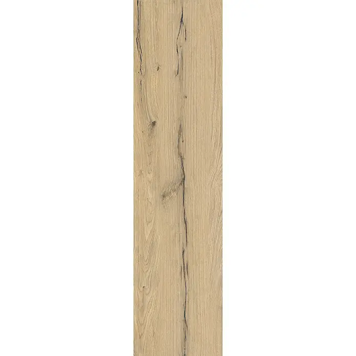 Feinsteinzeug in antiker honigfarbener matter Holzoptik 30x120 -  - Helle Holzoberfläche mit deutlicher Maserung, Ästen und dunklen Rissen, geeignet für Böden oder Paneele.