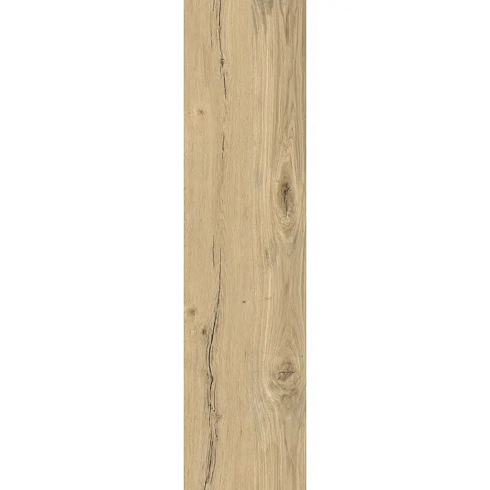 Feinsteinzeug in antiker honigfarbener matter Holzoptik 30x120 -  - Hellbraunes Holzbrett mit ausgeprägter Maserung, natürlichen Ästen und dunklen Rissen.