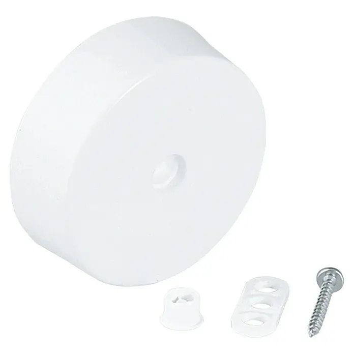 Voltomat Deckenverteiler - 1-fach, Weiß, 73 mm - Nahaufnahme eines weißen Möbelknopfs mit zugehöriger Hardware, ideal für die stilvolle und sichere Befestigung an Möbelstücken.