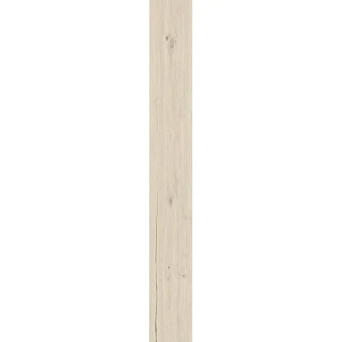 Feinsteinzeug in matter weißer Holzoptik 30x120 - Italienische Fliesen -  - Helle beige Holzdiele mit vertikaler Maserung, leichten Ästen und einem dunklen Riss. Ideal für Bodenbelag oder Wandverkleidung.