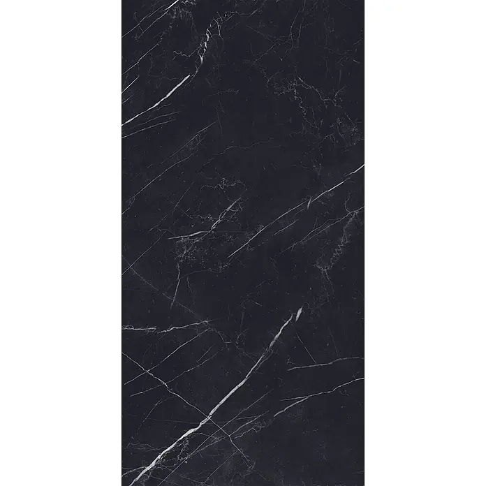 Feinsteinzeug in glänzender schwarzer Marquina-Marmoroptik 60x120 -  - Schwarze Marmortextur mit feinen weißen Adern, ideal für elegante Oberflächen.