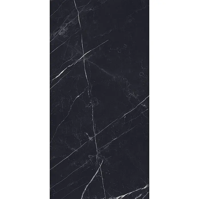 Feinsteinzeug in glänzender schwarzer Marquina-Marmoroptik 60x120 -  - Schwarze Marmorplatte mit markanten weißen und hellgrauen Maserungen, geeignet für Oberflächen.