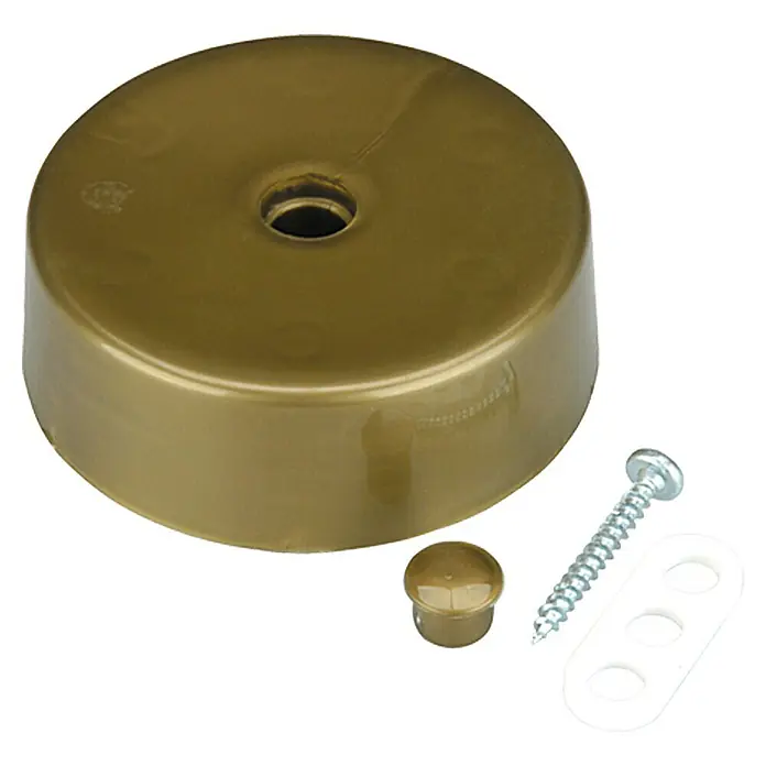 Voltomat Verteilerbaldachin - 1-fach, Gold, 73 mm - Eine goldene Deckenleuchte-Abdeckung mit Schraube, Knopf und einem weißen Halterungsstück, ideal für die Installation einer Leuchte.