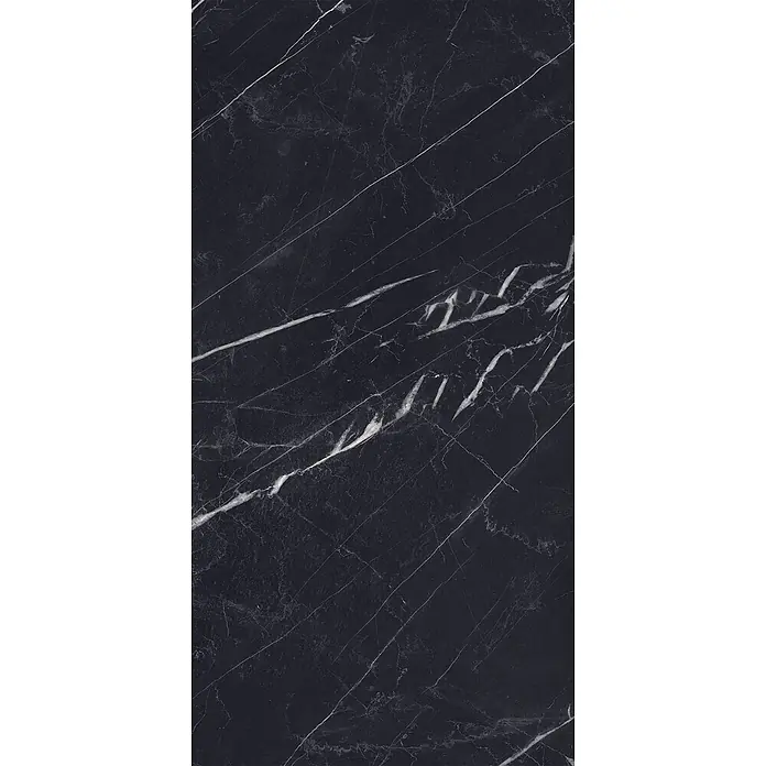 Feinsteinzeug in glänzender schwarzer Marquina-Marmoroptik 60x120 -  - Dunkle schwarze Marmorplatte mit markanter, unregelmäßiger weißer Äderung.