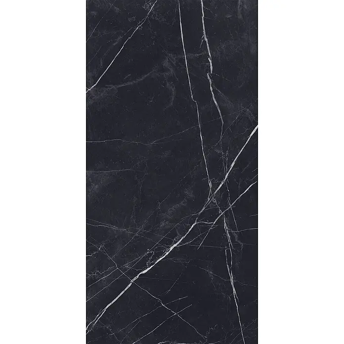 Feinsteinzeug in glänzender schwarzer Marquina-Marmoroptik 60x120 -  - Dunkle schwarze Marmoroberfläche mit markanter weißer und grauer Naturmaserung.