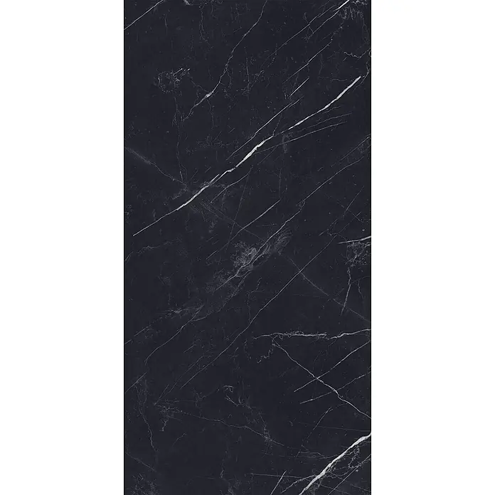 Feinsteinzeug in glänzender schwarzer Marquina-Marmoroptik 60x120 -  - Schwarze Marmoroberfläche mit eleganter weißer Maserung.
