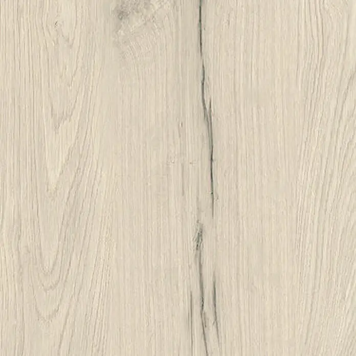 Feinsteinzeug in matter weißer Holzoptik 30x120 - Italienische Fliesen -  - Helle Holzoptik-Oberfläche mit natürlicher Maserung und dunklem Riss, passend für Böden oder Paneele.