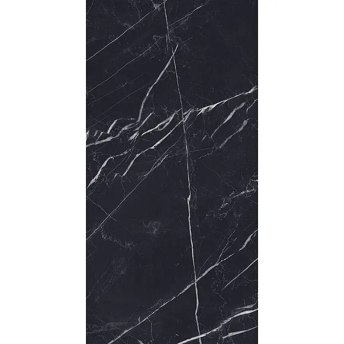 Feinsteinzeug in glänzender schwarzer Marquina-Marmoroptik 60x120 -  - Schwarze Marmoroberfläche mit eleganter weißer Äderung.