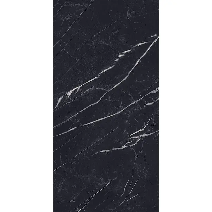 Feinsteinzeug in glänzender schwarzer Marquina-Marmoroptik 60x120 -  - Schwarze Marmorstruktur mit weißen Äderungen.