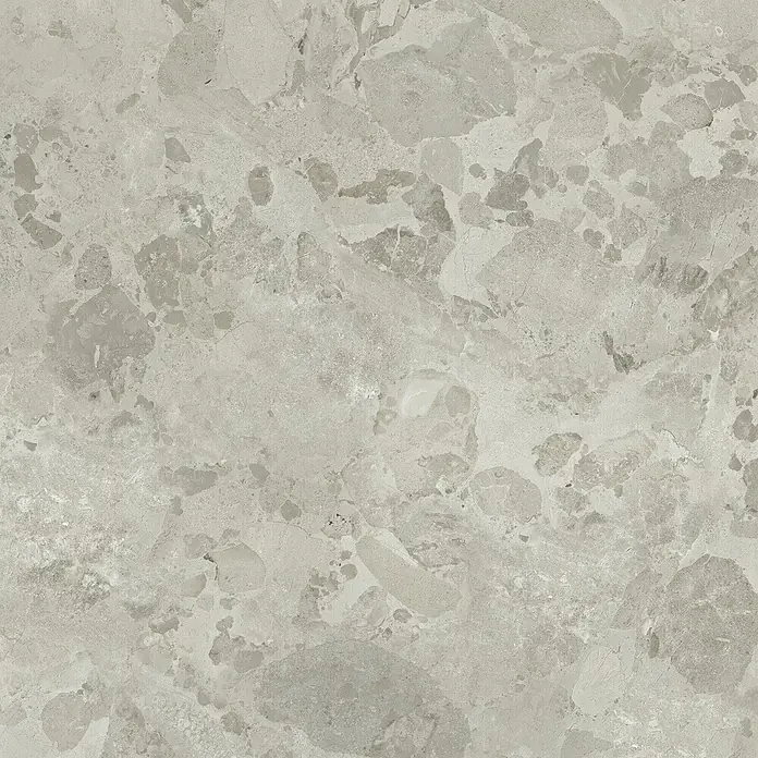 Feinsteinzeug in schwarzer Steinoptik 60x120, 20 mm, rutschhemmend -  - Hellgraue Fliese in Marmoroptik mit subtiler Maserung und unregelmäßigen dunkleren Grau- und Beigemustern, geeignet für Boden- oder Wandverkleidungen.